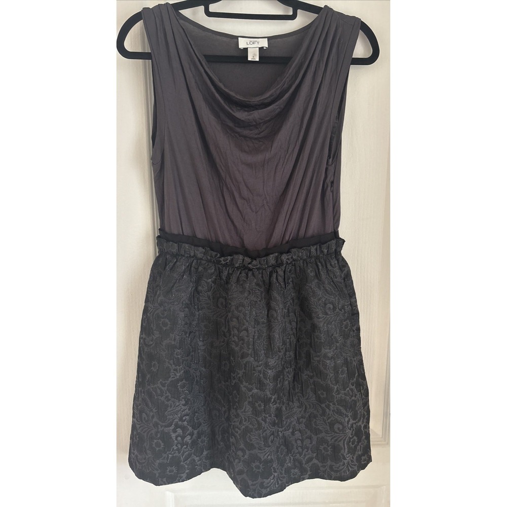 Ann Taylor Loft Dress Draped Neck Brocade Gray Cocktail Floral Blouson Sz 6